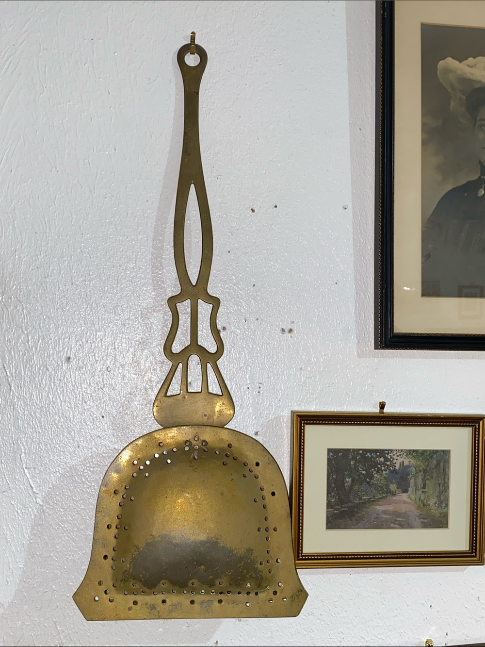 Vintage brass and copper bed warmer fireplace accessory